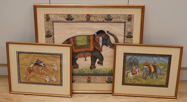 Indian School, Elephant hunting, pair of gouaches together with a similar study of an elephant, largest 49 x 57cm